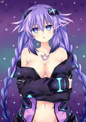 Rule 34 | 1girl, adapted costume, alternate costume, annoyed, blue eyes, blush, braid, breasts, chest tattoo, cleavage, clothes pull, crossed arms, d-pad, d-pad hair ornament, groin, hair between eyes, hair ornament, highres, jacket, jacket pull, lewdkuma, long hair, looking at viewer, medium breasts, midriff, navel, nepnep connect: chaos chanpuru, neptune (series), no bra, off shoulder, open clothes, open jacket, open mouth, out-of-frame censoring, power symbol, power symbol-shaped pupils, purple hair, purple heart (chaos form), purple heart (neptunia), solo, staring, symbol-shaped pupils, tattoo, twin braids, twintails, undressing, very long hair
