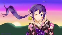 Rule 34 | 1girl, akebono (kancolle), alternate costume, animal print, bell, black kimono, butterfly print, chestnut mouth, commentary request, floral print, flower, gradient sky, hair bell, hair flower, hair ornament, japanese clothes, jingle bell, kantai collection, kimono, long hair, looking at viewer, mountain, one eye closed, purple eyes, purple hair, side ponytail, sky, solo, sorairo haruka, sun, sunrise, twitter username, very long hair