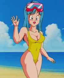 Rule 34 | 1990s (style), 1girl, bare legs, bare shoulders, beach, blue eyes, blue hair, blue sky, breasts, cleavage, cloud, covered navel, cowboy shot, curvy, dragon ball, dragonball z, female focus, happy, highleg, highleg swimsuit, highres, large breasts, long hair, looking at viewer, maron (dragon ball), matching hair/eyes, ocean, one-piece swimsuit, outdoors, retro artstyle, screencap, sky, smile, solo, standing, swimsuit, third-party edit, water, yellow one-piece swimsuit