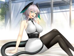 Rule 34 | 1girl, :d, aqua eyes, arknights, arm support, bare arms, bare shoulders, belt, black belt, black pantyhose, breasts, chinese commentary, commentary request, dress, fangs, feet out of frame, grey hair, head wings, highres, ho&#039;olheyak (arknights), indoors, kja (shishimujizhong), large breasts, looking at viewer, open mouth, pantyhose, pencil dress, short dress, short hair, sitting, sleeveless, sleeveless dress, smile, snake tail, solo, tail, thighs, white dress, wings