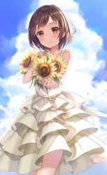 Rule 34 | 1girl, bang dream!, bare arms, bare shoulders, blue sky, blush, brown eyes, brown hair, closed mouth, cloud, cloudy sky, collarbone, commentary request, day, dress, flower, hazawa tsugumi, highres, layered dress, looking at viewer, lunacle, hugging object, outdoors, short hair, sky, sleeveless, sleeveless dress, smile, solo, sundress, sunflower, white dress, yellow flower