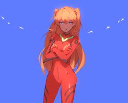 Rule 34 | 1girl, bad id, bad pixiv id, blue background, blue eyes, bodysuit, bracer, breasts, cowboy shot, crossed arms, gainax, gloves, hair between eyes, hair ornament, hona (pixiv7939518), impossible clothes, long hair, looking at viewer, neon genesis evangelion, orange hair, parted bangs, parted lips, pilot suit, plugsuit, shaded face, shiny clothes, simple background, small breasts, solo, souryuu asuka langley, standing, triangle mouth, turtleneck, very long hair