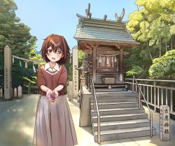 Rule 34 | 1girl, blue sky, blush, brown eyes, brown hair, commentary request, day, furutaka (kancolle), grey skirt, hair ornament, hairclip, heterochromia, hitakikan, holding, kantai collection, looking at viewer, official alternate costume, omamori, open mouth, orange eyes, outdoors, short hair, shrine, skirt, sky, solo, stairs, tree