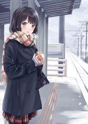 Rule 34 | 1girl, bag, black coat, black hair, black pantyhose, blush, breath, brown scarf, brown skirt, can, coat, drink, enpera, fringe trim, grey eyes, highres, holding, holding can, looking at viewer, mittens, open mouth, original, pantyhose, plaid, plaid skirt, pleated skirt, railroad tracks, scarf, school uniform, skirt, snow, solo, standing, striped clothes, striped scarf, train, train station, yukimaru217