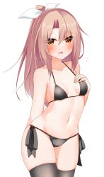 Rule 34 | 1girl, absurdres, alternate costume, bikini, black bikini, black thighhighs, blush, bow, breasts, brown eyes, collarbone, cowboy shot, hair bow, high ponytail, highres, kantai collection, light brown hair, long hair, looking at viewer, navel, open mouth, pia (botamochinjufu), ponytail, side-tie bikini bottom, simple background, small breasts, solo, stomach, swimsuit, thighhighs, very long hair, white background, white bow, zuihou (kancolle)