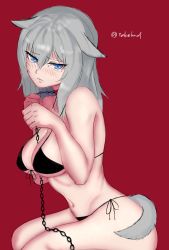 Rule 34 | 1girl, absurdres, animal ears, bad id, bad pixiv id, bdsm, between breasts, bikini, black bikini, blue eyes, blush, breasts, chain, chain leash, cleavage, closed mouth, collar, commentary, dog ears, dog tags, ears down, from side, front-tie bikini top, front-tie top, frown, girls und panzer, half-closed eyes, head tilt, highres, holding, holding chain, itsumi erika, kemonomimi mode, leaning forward, leash, looking at viewer, medium breasts, medium hair, navel, one-hour drawing challenge, pet play, red background, side-tie bikini bottom, silver hair, simple background, sitting, slave, solo, swimsuit, takefu jiin, tearing up, thighs, twitter username
