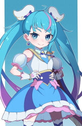 Rule 34 | 1girl, blue background, blue dress, blue eyes, blue hair, bow, brooch, cape, commentary, cowboy shot, cure sky, cut bangs, detached sleeves, dress, dress bow, earrings, fingerless gloves, frilled dress, frills, gloves, gradient hair, hands on own hips, highres, hirogaru sky! precure, jewelry, long hair, looking at viewer, magical girl, multicolored hair, pink hair, precure, puffy detached sleeves, puffy sleeves, sgnj1838, single sidelock, sleeveless, sleeveless dress, smile, solo, sora harewataru, standing, streaked hair, thighhighs, twintails, two-sided cape, two-sided fabric, very long hair, white dress, white gloves, wing brooch, wing hair ornament