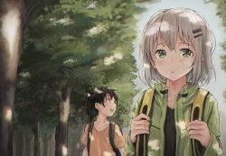 Rule 34 | 10s, 2girls, :o, backpack, bag, black hair, black shirt, collarbone, commentary request, dappled sunlight, day, drawstring, green eyes, green jacket, grey hair, hair ornament, hairclip, highres, jacket, kuraue hinata, long hair, long sleeves, looking at viewer, looking away, looking to the side, multiple girls, open clothes, open jacket, orange shirt, outdoors, parted lips, ponytail, purple eyes, remil, shirt, short hair, short sleeves, slit pupils, star (symbol), sunlight, teeth, upper body, upper teeth only, yama no susume, yukimura aoi