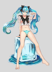 Rule 34 | 1girl, aqua eyes, aqua hair, arm support, bad id, bad pixiv id, barefoot, bottle miku, bra, c2note, crop top, crop top overhang, feet, fish, hatsune miku, highres, ice, ice cube, liquid hair, long hair, looking at viewer, navel, no pants, panties, school uniform, serafuku, sitting, smile, solo, striped clothes, striped panties, toes, twintails, underwear, very long hair, vocaloid, wet, wet clothes