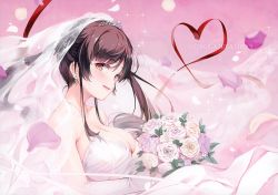Rule 34 | 1girl, absurdres, bare shoulders, blush, bouquet, breasts, bridal veil, bride, brown eyes, brown hair, cleavage, dress, earrings, elbow gloves, flower, gloves, gradient background, highres, holding, jewelry, long hair, looking at viewer, medium breasts, necklace, nukumori nukumi, open mouth, original, petals, scan, see-through, senji (tegone spike), shiny skin, simple background, smile, solo, sparkle, tiara, upper body, veil, wedding dress, white dress