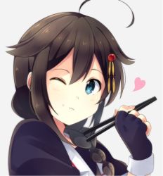 Rule 34 | 10s, 1girl, ;t, ahoge, black gloves, black hair, black serafuku, blue eyes, blush, braid, chopsticks, closed mouth, eating, fingerless gloves, food, food on face, gloves, grey background, hair between eyes, hair ornament, hair over shoulder, hairpin, heart, holding, kantai collection, looking at viewer, one eye closed, rice, rice on face, school uniform, serafuku, shigure (kancolle), shigure kai ni (kancolle), short sleeves, simple background, single braid, sleeve cuffs, solo, tareme, upper body, yukichi (eikichi)