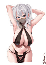 Rule 34 | 1girl, armpits, arms behind head, arms up, bikini, black bikini, blue eyes, blush, breasts, ebifurya, grey hair, grin, hair between eyes, highres, kantai collection, kashima (kancolle), large breasts, long hair, looking at viewer, mouth veil, navel, o-ring, one-hour drawing challenge, pelvic curtain, see-through, sidelocks, simple background, skindentation, smile, solo, swimsuit, thigh gap, thighs, twitter username, veil, white background