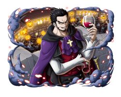Rule 34 | 1boy, black hair, cross, cross necklace, cup, dracule mihawk, drinking glass, facial hair, halloween, holding, holding cup, jack-o&#039;-lantern, jewelry, lantern, necklace, official art, one piece, one piece treasure cruise, paper lantern, red wine, short hair, wine glass