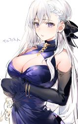 Rule 34 | 1girl, azur lane, bare shoulders, belfast (azur lane), belfast (the noble attendant) (azur lane), black gloves, black ribbon, blush, bracelet, braid, breasts, cleavage, cleavage cutout, clothing cutout, elbow gloves, french braid, gloves, hair ribbon, highres, jewelry, large breasts, long hair, looking at viewer, parted lips, purple eyes, ribbon, simple background, solo, umibouzu (niito), white background, white hair