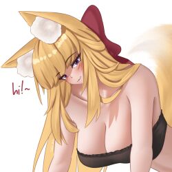 Rule 34 | 1girl, :3, animal ear fluff, animal ears, bare shoulders, blonde hair, blush, breasts, cleavage, fluffy, fox ears, fox girl, fox tail, hair ornament, hair ribbon, long hair, looking at viewer, original, purple eyes, red ribbon, ribbon, sketch, smile, tail, takie arts, text focus, two-tone tail, very long hair, white background