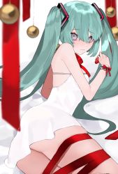 Rule 34 | 1girl, 3:, aqua hair, ass, bare shoulders, bauble, bebe (bebe pp), bed sheet, blurry, christmas ornaments, closed mouth, cowboy shot, depth of field, dress, embarrassed, eyelashes, food, fruit, grey eyes, hair between eyes, hair ornament, hatsune miku, highres, holding, holding food, holding fruit, long hair, looking at viewer, looking back, lying, on bed, on side, red ribbon, ribbon, short dress, sidelocks, signature, skindentation, sleeveless, sleeveless dress, solo, strap, strawberry, twintails, very long hair, vocaloid, white background, white dress, wrist cuffs