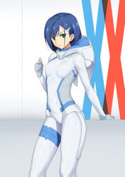 Rule 34 | 10s, 1girl, blue hair, bnc (bunshi), bodysuit, breasts, cowboy shot, darling in the franxx, green eyes, hair ornament, hairclip, highres, ichigo (darling in the franxx), looking at viewer, medium breasts, parted lips, shiny clothes, short hair, skin tight, solo, standing, water drop, wet, wet clothes, white bodysuit