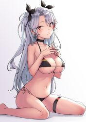 Rule 34 | 1girl, azur lane, bare arms, bare legs, bare shoulders, barefoot, bikini, black bikini, black choker, breasts, choker, cleavage, closed mouth, earrings, hair ribbon, halterneck, hands up, jewelry, large breasts, long hair, looking at viewer, multi-strapped bikini, multicolored hair, navel, official alternate costume, own hands together, prinz eugen (azur lane), prinz eugen (unfading smile) (azur lane), red eyes, ribbon, ryuinu, side-tie bikini bottom, silver hair, simple background, sitting, solo, steepled fingers, stomach, streaked hair, string bikini, swimsuit, thigh strap, thighs, two side up, wariza, white background