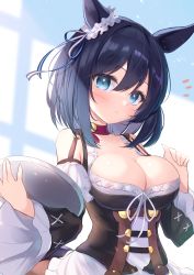 Rule 34 | 1girl, ^^^, animal ears, bare shoulders, black hair, blue eyes, blush, breasts, choker, cleavage, commentary request, corset, detached sleeves, eishin flash (umamusume), closed eyes, highres, holding, holding tray, horse ears, large breasts, long sleeves, looking at viewer, mikaze oto, purple choker, short hair, solo, tray, umamusume, underbust, upper body