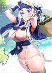 Rule 34 | 10s, 1girl, anchor, armpit peek, armpits, arms up, basket, blue eyes, breasts, chain, covered navel, dutch angle, folded ponytail, food, fruit, glint, hair between eyes, headband, highres, impossible clothes, japanese clothes, kamoi (kancolle), kantai collection, large breasts, looking at viewer, nylon (nylon 100%), obi, open mouth, outdoors, panties, pelvic curtain, sash, see-through, side-tie panties, sidelocks, silver hair, solo, string panties, thick eyebrows, thighhighs, underwear, water drop, watermelon, wet, wet clothes, white panties