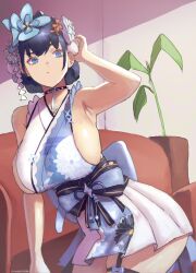 Rule 34 | 1girl, absurdres, against furniture, belt, black collar, black sash, blue belt, blue eyes, blue hair, blue kimono, breasts, collar, contrapposto, cosplay, erasorpepero, floral print kimono, flower, fuwawa abyssgard, fuwawa abyssgard (cosplay), fuwawa abyssgard (new year), garter belt, hair flower, hair ornament, highres, hololive, hololive english, indoors, japanese clothes, kimono, large breasts, long hair, looking at viewer, multicolored hair, obi, official alternate costume, ouro kronii, ponytail, sash, sideless kimono, sleeveless, sleeveless kimono, solo, streaked hair, sunlight, tail, thigh strap, virtual youtuber