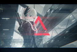 Rule 34 | 1girl, absurdres, assault rifle, blurry, closed mouth, depth of field, from side, girls&#039; frontline, grey hair, gun, hair between eyes, headgear, highres, hood, hooded jacket, jacket, lens flare, letterboxed, light smile, long hair, looking at viewer, m4 carbine, m4 sopmod ii (girls&#039; frontline), mienthoa, multicolored hair, purple eyes, purple hair, rifle, solo, streaked hair, upper body, weapon