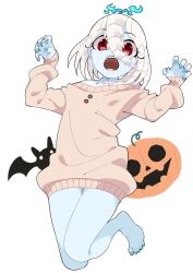 Rule 34 | 1girl, animal, barefoot, bat (animal), blue nails, blue skin, brown sweater, claw pose, collared shirt, colored skin, commentary request, full body, hair between eyes, halloween, hands up, highres, jack-o&#039;-lantern, long sleeves, mikan (mkn 0710), nail polish, open mouth, original, puffy long sleeves, puffy sleeves, red eyes, shirt, simple background, solo, sweater, white background, white hair, white shirt