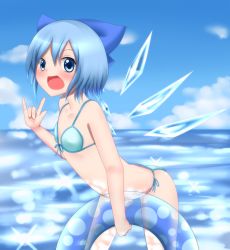 Rule 34 | 1girl, \m/, bad id, bad pixiv id, bare shoulders, bikini, blue eyes, blue hair, blue theme, blush, bow, cirno, cloud, collarbone, day, flat chest, hair bow, highres, ice, ice wings, innertube, leaning forward, matching hair/eyes, myanon (r-tone), ocean, open mouth, short hair, side-tie bikini bottom, sky, solo, sparkle, summer, swim ring, swimsuit, touhou, transparent, wings