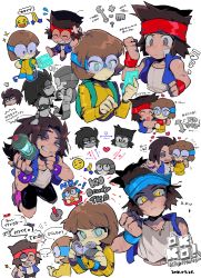 Rule 34 | 1girl, 2boys, absurdres, animification, bandage on face, bandages, blush, bob cut, bracelet, brown eyes, brown hair, character name, copyright name, dendy (ok k.o.!), dual persona, emoji, evil smile, glowing, goggles, gomoku (gomoku418), green eyes, headband, heart, highres, holographic interface, jewelry, k.o. (ok k.o.!), logo, multiple boys, ok k.o.! let&#039;s be heroes, one eye closed, pointing, sharp teeth, simple background, smile, speech bubble, spiked bracelet, spiked hair, spikes, t.k.o., teeth, translation request, unworn goggles, vest, white background, wristband