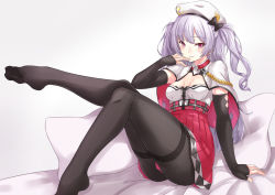 Rule 34 | 1girl, aiguillette, ajax (azur lane), arm support, ass, asya, azur lane, bed sheet, beret, black bow, black pantyhose, blush, bow, breasts, capelet, choker, detached sleeves, hand to own mouth, hat, high-waist skirt, leg up, long hair, long sleeves, looking at viewer, no shoes, pantyhose, pillow, purple hair, red eyes, red skirt, sidelocks, sitting, skirt, small breasts, smile, solo, thighband pantyhose, two side up, white hat
