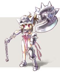 Rule 34 | 1girl, armor, axe, brown hair, child, fang, full body, gloves, helmet, huge weapon, katahira masashi, petite, pointy ears, red eyes, simple background, solo, standing, tabard, warrior, weapon