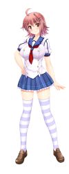 Rule 34 | 1girl, absurdres, blush, breasts, brown eyes, feet, female focus, full body, game cg, hand on own hip, highres, hinata sora, large breasts, legs, looking at viewer, nogizaka saki, pink hair, school uniform, shoes, short hair, simple background, skirt, solo, standing, stray school, striped legwear, thighs, white background