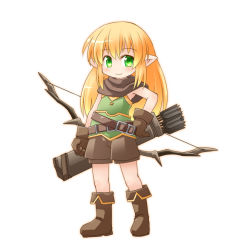 Rule 34 | 1girl, arrow (projectile), belt, blonde hair, boots, bow (weapon), capelet, elf, full body, gloves, green eyes, hair down, hand on own hip, kso, long hair, looking at viewer, original, pointy ears, quiver, shorts, simple background, smile, solo, weapon, white background