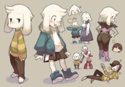 Rule 34 | 1girl, 4boys, androgynous, asgore dreemurr, asgore dreemurr (cosplay), asriel dreemurr, asriel dreemurr (cosplay), blue eyes, blush, brothers, cosplay, fang, flower in mouth, frisk (undertale), furry, heart, laughing, mettaton, mettaton ex, mettaton ex (cosplay), monster boy, mother and son, multiple boys, papyrus (undertale), rikose, sans (cosplay), sans (undertale), scarf, siblings, skeleton, sparkle, spoilers, toriel, undertale, v