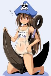 Rule 34 | 1girl, anchor, barefoot, blue hat, blush, brown eyes, brown hair, flat chest, full-face blush, guilty gear, hat, kneeling, long hair, may (guilty gear), navel, one-piece swimsuit, one-piece tan, pirate hat, poncocchan, school swimsuit, see-through, shiny clothes, skin tight, skull and crossbones, solo, straddling, strap slip, sweatdrop, swimsuit, tan, tanline, wet, wet clothes, wet swimsuit, white one-piece swimsuit, white school swimsuit