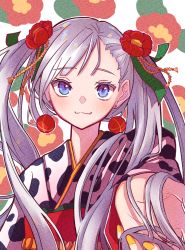 Rule 34 | 1girl, :3, bad id, bad pixiv id, blue eyes, camellia, closed mouth, diagonal bangs, earrings, ezaki hiyori, flower, hair flower, hair ornament, highres, holding, holding hair, japanese clothes, jewelry, kimono, long hair, looking at viewer, nail polish, nengajou, new year, obi, original, outstretched hand, pom pom (clothes), pom pom earrings, red flower, sash, smile, solo, twintails, upper body, yellow nails