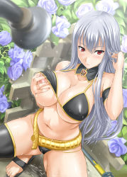 Rule 34 | 00s, 1girl, adjusting hair, akino hamo, bikini, black bikini, blue flower, blue rose, blush, grabbing another&#039;s breast, breasts, cleavage, curvy, feet, flower, grabbing, highres, huge breasts, large breasts, long hair, looking at viewer, navel, parted lips, pov, red eyes, rose, sandals, grabbing own breast, selvaria bles, senjou no valkyria, senjou no valkyria (series), senjou no valkyria 1, showering, silver hair, single thighhigh, solo, squatting, strap gap, swimsuit, thighhighs, very long hair, water, wet