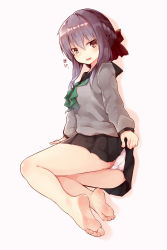 Rule 34 | 10s, 1girl, :d, barefoot, batatata77, brown eyes, clothes lift, feet, full body, highres, hiiragi shinoa, legs, naughty face, open mouth, owari no seraph, panties, pleated skirt, purple hair, shadow, short hair, simple background, skirt, skirt lift, smile, soles, solo, sweater, toes, underwear, white background, white panties