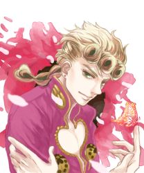 Rule 34 | 1boy, axxxxxxixxx, bad id, bad pixiv id, blonde hair, braid, bug, butterfly, cleavage cutout, clothing cutout, giorno giovanna, green eyes, insect, jojo no kimyou na bouken, male focus, pectoral cleavage, pectorals, solo, vento aureo