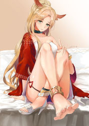 Rule 34 | 1girl, absurdres, animal ears, anklet, arknights, artist name, bare legs, barefoot, black choker, blonde hair, bracelet, breasts, chinese commentary, choker, cleavage, closed mouth, collarbone, crossed legs, dated, deer ears, dress, eyelashes, feet, full body, gitano (arknights), gitano (unknown journey) (arknights), green eyes, high heels, highres, index finger raised, jacket, jewelry, legs, lips, long hair, looking at viewer, medium breasts, off-shoulder dress, off shoulder, official alternate costume, panties, parted bangs, ponytail, purple panties, red jacket, shawl, shoes, signature, single shoe, sitting, smile, solo, thigh strap, thighs, underwear, unworn shoe, unworn shoes, white dress, white footwear, ygxdl