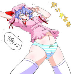 Rule 34 | 1girl, aono3, blue hair, blue panties, bow, bow panties, cameltoe, hat, m/, navel, no pants, one eye closed, open mouth, panties, red eyes, remilia scarlet, simple background, solo, striped clothes, striped panties, thighhighs, touhou, translation request, underwear, white background, white thighhighs