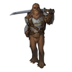 1boy alien brown_fur full_body highres holding holding_sword holding_weapon looking_at_viewer over_shoulder simple_background solo star_wars sword weapon weapon_over_shoulder white_background will_nunes wookiee