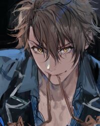 Rule 34 | 1boy, black vest, blue shirt, brown hair, closed mouth, collarbone, from above, glaring, idolish7, kuzuvine, looking at viewer, male focus, mouth hold, parted bangs, portrait, ribbon, ribbon in mouth, shirt, short hair, simple background, smile, solo, tsunashi ryuunosuke, vest, yellow eyes