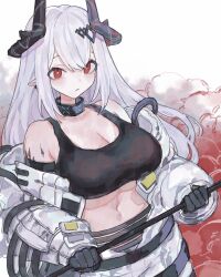 Rule 34 | 1girl, absurdres, arknights, black gloves, black sports bra, breasts, cleavage, commentary, frown, gloves, hair ornament, highres, horns, infection monitor (arknights), jumpsuit, large breasts, looking at viewer, material growth, mudrock (arknights), mudrock (elite ii) (arknights), open jumpsuit, oripathy lesion (arknights), pointy ears, red background, red eyes, rocb, solo, sports bra, toned, two-tone background, upper body, white background, white hair, white jumpsuit