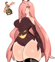 Rule 34 | 1girl, ahoge, bare shoulders, black thighhighs, cowboy shot, creatures (company), game freak, gen 6 pokemon, gourgeist, hair over one eye, highres, leotard, long hair, monster girl, nintendo, personification, pink hair, pokemon, pokemon (creature), simple background, solo, standing, thick thighs, thighhighs, thighs, usa37107692, white background, yellow eyes
