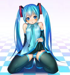 Rule 34 | 1girl, aqua hair, bare shoulders, blue eyes, blush, boots, breasts, clothes lift, detached sleeves, full body, hatsune miku, km (nijie104352), long hair, necktie, open mouth, panties, skirt, skirt lift, small breasts, solo, thigh boots, thighhighs, twintails, underwear, upskirt, very long hair, vocaloid
