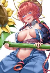 Rule 34 | 1girl, blue eyes, blue pants, blush, braid, breasts, center opening, fate/grand order, fate (series), flower, hat, highres, hitotsuki nebura, large breasts, long hair, looking at viewer, navel, open mouth, orange hair, pants, side braid, smile, solo, straw hat, sunflower, sweat, unzipped, van gogh (fate)