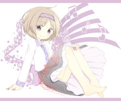 Rule 34 | 1girl, arm support, bad id, bad pixiv id, barefoot, blouse, brown hair, ellipsis (mitei), full body, hairband, hand on own knee, heart, knees up, letterboxed, long sleeves, looking at viewer, musical note, pale color, purple eyes, shirt, short hair, simple background, sitting, skirt, smile, solo, staff (music), star (symbol), touhou, treble clef, tsukumo yatsuhashi, white background