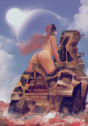 Rule 34 | 1girl, arched back, armored vehicle, ass, blue sky, breasts, blowing bubbles, caterpillar tracks, chewing gum, chromatic aberration, cloud, day, dust, from behind, gloves, highres, leaning forward, lips, long hair, looking back, mask, medium breasts, military, military vehicle, motor vehicle, nipples, nude, object insertion, original, outdoors, planet, pussy juice, realistic, red hair, science fiction, sky, solo, straddling, sun, turret, vehicle, xatiav