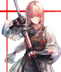 Rule 34 | 1girl, aqua eyes, armor, breastplate, brown gloves, eyes visible through hair, gauntlets, gloves, hatching (texture), holding, holding sheath, holding sword, holding weapon, long hair, original, parted bangs, parted lips, pink hair, puffy sleeves, scabbard, sheath, solo, sushi (sashimise), sword, unsheathing, weapon